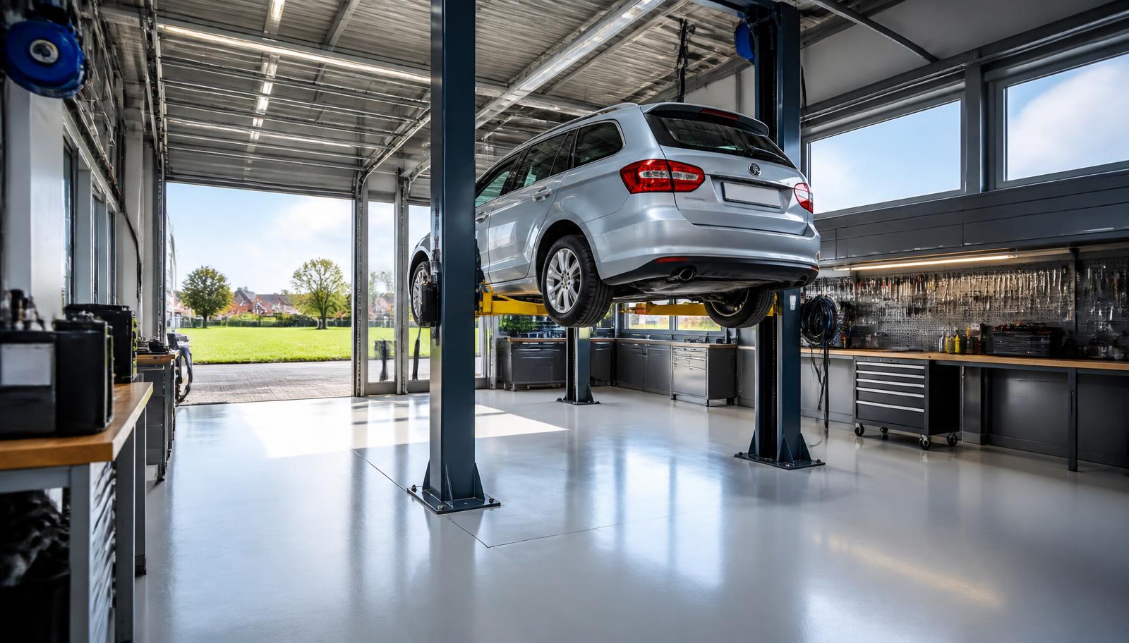 De werkplaats van Carbo Car Service met een auto op de brug